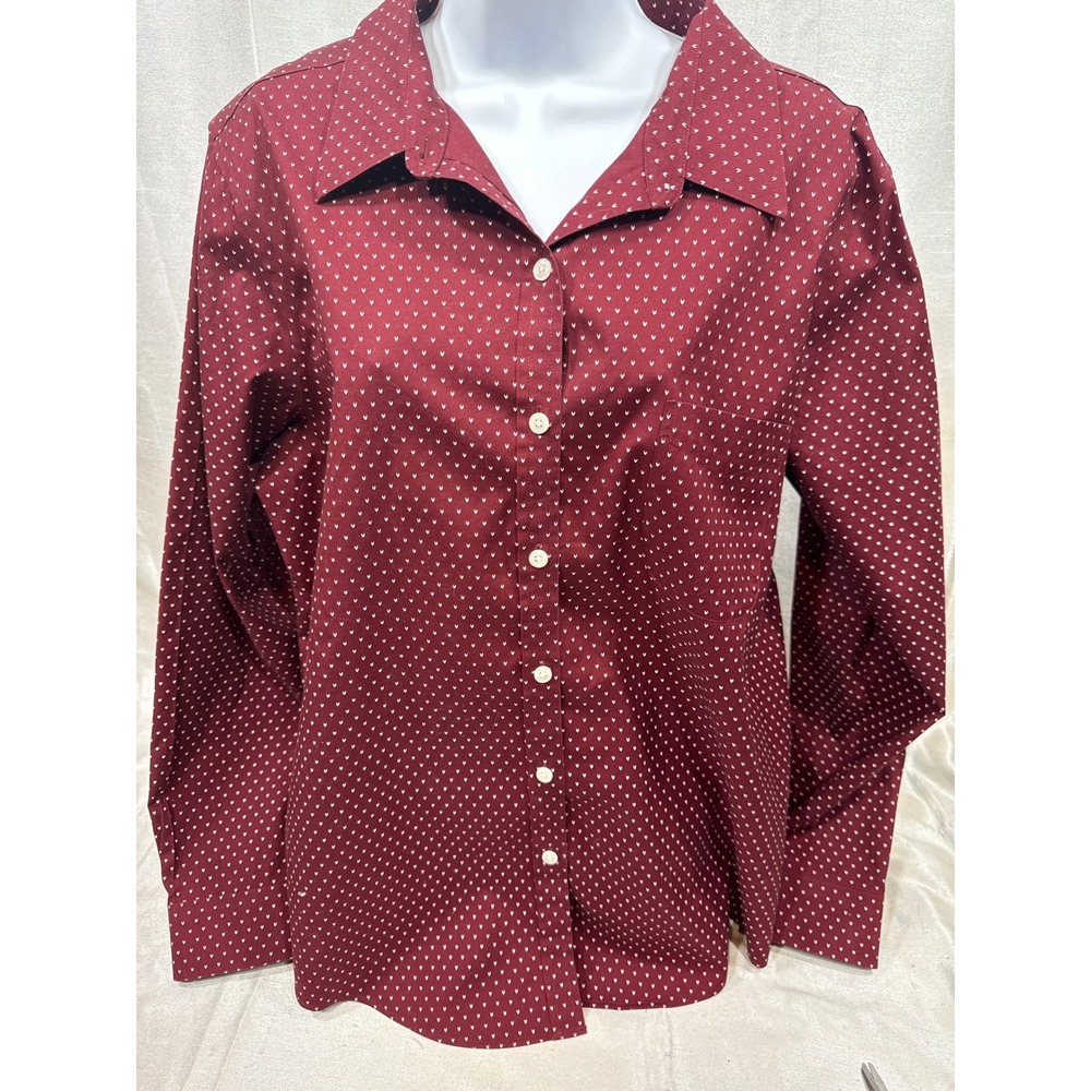 LL Bean Womens 100% Cotton Burgundy Polka Dot Button-Up Blouse Xl